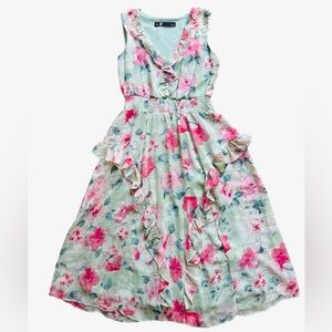 Leslie Fay Green and Pink Maxi Coquette Sundress Sleeveless.